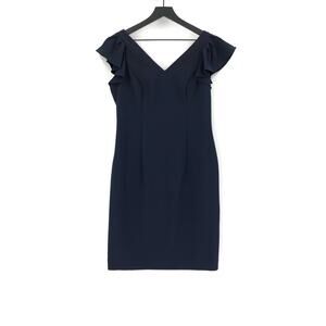 NWT DONNA KARAN Ruffle Cap Sleeve V Neck Sheath Dress Navy 8